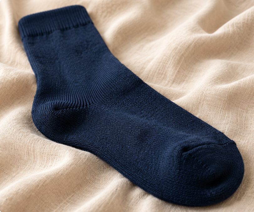 A pair of navy Kilde mercerized cotton socks resting softly on beige linen, one overlapping the other, showing the shaped heel pocket