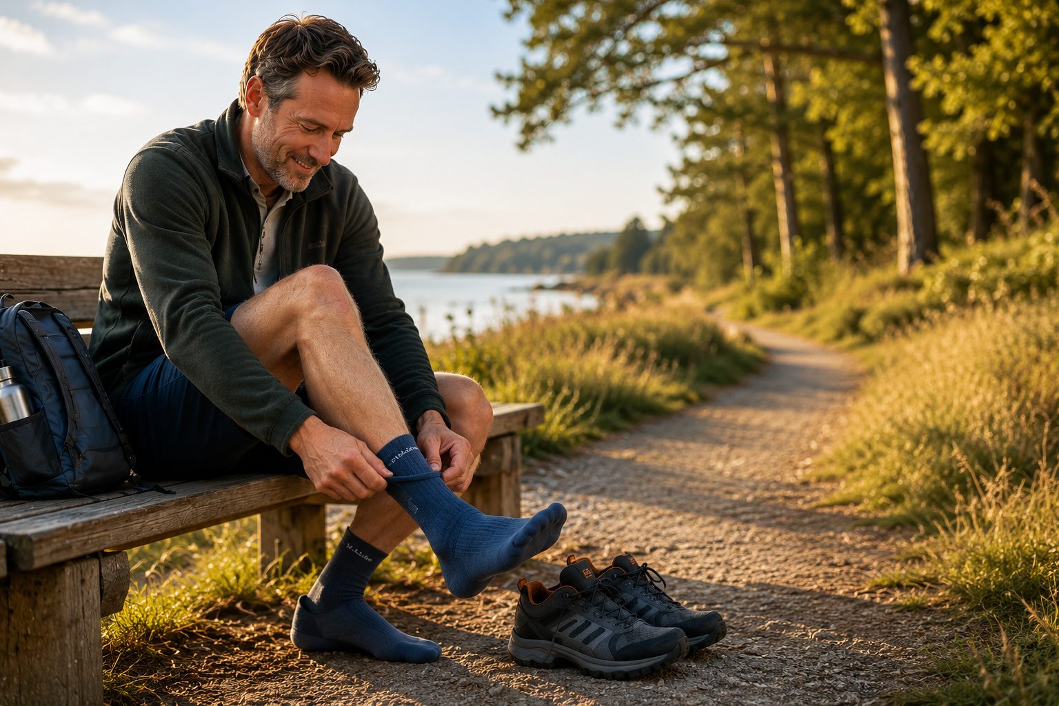 A man sitting on a wooden outdoor bench pulling on a soft blue Kilde mercerized cotton sock before a walk, with walking shoes beside him